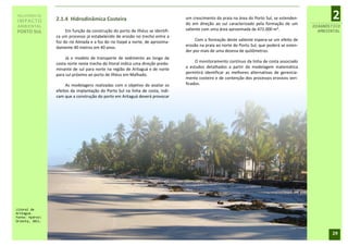 RELATÓRIO DE
IMPACTO          2.1.4 Hidrodinâmica Costeira                                    um crescimento da praia na área do Porto Sul, se estenden-
                                                                                 do em direção ao sul caracterizado pela formação de um
                                                                                                                                                      2
AMBIENTAL                                                                                                                                      DIAGNÓSTICO
                      Em função da construção do porto de Ilhéus se identifi-    saliente com uma área aproximada de 472.000 m².                 AMBIENTAL
PORTO SUL
                 ca um processo já estabelecido de erosão no trecho entre a
                 foz do rio Almada e a foz do rio Itaipé a norte, de aproxima-        Com a formação deste saliente espera-se um efeito de
                 damente 40 metros em 40 anos.                                   erosão na praia ao norte do Porto Sul, que poderá se esten-
                                                                                 der por mais de uma dezena de quilômetros.
                      Já o modelo de transporte de sedimento ao longo da
                 costa norte neste trecho do litoral indica uma direção predo-        O monitoramento contínuo da linha de costa associado
                 minante de sul para norte na região de Aritaguá e de norte      a estudos detalhados a partir da modelagem matemática
                 para sul próximo ao porto de Ilhéus em Malhado.                 permitirá identificar as melhores alternativas de gerencia-
                                                                                 mento costeiro e de contenção dos processos erosivos veri-
                      As modelagens realizadas com o objetivo de avaliar os      ficados.
                 efeitos da implantação do Porto Sul na linha de costa, indi-
                 cam que a construção do porto em Aritaguá deverá provocar




Litoral de
Aritaguá.
Fonte: Hydros
Orienta, 2011.


                                                                                                                                                      29
 