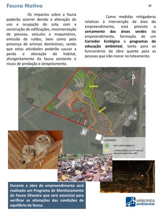 Fauna Nativa
Os impactos sobre a fauna
poderão ocorrer devido à alteração do
uso e ocupação do solo, com a
construção de edificações, movimentação
de pessoas, veículos e maquinários,
emissão de ruídos, bem como pela
presença de animais domésticos, sendo
que estas atividades poderão causar a
perda e alteração do habitat,
afungentamento da fauna existente e
riscos de predação e atropelamento.
Durante a obra do empreendimento será
realizado um Programa de Monitoramento
de Fauna Silvestre que será essencial para
verificar as alterações das condições de
equilíbrio da fauna.
12
Como medidas mitigadoras
relativas à intervenção da área do
empreendimento, está previsto o
cercamento das áreas verdes do
empreendimento, formação de um
Corredor Ecológico e programas de
educação ambiental, tanto para os
funcionários da obra quanto para as
pessoas que irão morar no loteamento.
 