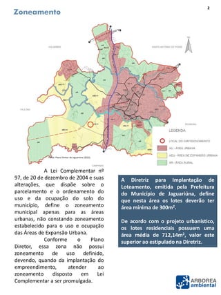 A Lei Complementar nº
97, de 20 de dezembro de 2004 e suas
alterações, que dispõe sobre o
parcelamento e o ordenamento do
uso e da ocupação do solo do
município, define o zoneamento
municipal apenas para as áreas
urbanas, não constando zoneamento
estabelecido para o uso e ocupação
das Áreas de Expansão Urbana.
Conforme o Plano
Diretor, essa zona não possui
zoneamento de uso definido,
devendo, quando da implantação do
empreendimento, atender ao
zoneamento disposto em Lei
Complementar a ser promulgada.
Zoneamento
A Diretriz para Implantação de
Loteamento, emitida pela Prefeitura
do Município de Jaguariúna, define
que nesta área os lotes deverão ter
área mínima de 300m2.
De acordo com o projeto urbanístico,
os lotes residenciais possuem uma
área média de 712,14m2, valor este
superior ao estipulado na Diretriz.
Fonte: Plano Diretor de Jaguariúna (2012).
2
 