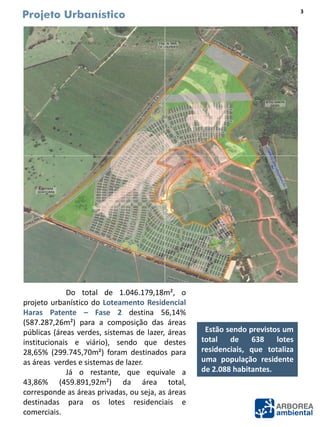 Do total de 1.046.179,18m², o
projeto urbanístico do Loteamento Residencial
Haras Patente – Fase 2 destina 56,14%
(587.287,26m²) para a composição das áreas
públicas (áreas verdes, sistemas de lazer, áreas
institucionais e viário), sendo que destes
28,65% (299.745,70m²) foram destinados para
as áreas verdes e sistemas de lazer.
Já o restante, que equivale a
43,86% (459.891,92m²) da área total,
corresponde as áreas privadas, ou seja, as áreas
destinadas para os lotes residenciais e
comerciais.
Estão sendo previstos um
total de 638 lotes
residenciais, que totaliza
uma população residente
de 2.088 habitantes.
Projeto Urbanístico
Fonte: Terra Urbanismo.
3
N
 
