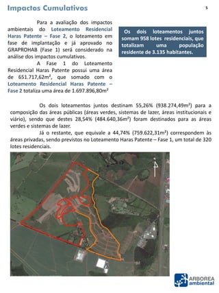 Impactos Cumulativos
Os dois loteamentos juntos destinam 55,26% (938.274,49m²) para a
composição das áreas públicas (áreas verdes, sistemas de lazer, áreas institucionais e
viário), sendo que destes 28,54% (484.640,36m²) foram destinados para as áreas
verdes e sistemas de lazer.
Já o restante, que equivale a 44,74% (759.622,31m²) correspondem às
áreas privadas, sendo previstos no Loteamento Haras Patente – Fase 1, um total de 320
lotes residenciais.
Os dois loteamentos juntos
somam 958 lotes residenciais, que
totalizam uma população
residente de 3.135 habitantes.
5
Para a avaliação dos impactos
ambientais do Loteamento Residencial
Haras Patente – Fase 2, o loteamento em
fase de implantação e já aprovado no
GRAPROHAB (Fase 1) será considerado na
análise dos impactos cumulativos.
A Fase 1 do Loteamento
Residencial Haras Patente possui uma área
de 651.717,62m², que somado com o
Loteamento Residencial Haras Patente –
Fase 2 totaliza uma área de 1.697.896,80m²
N
Fonte: Google Earth (Data da imagem: 03/03/2015).
 
