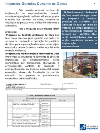 Impactos Gerados Durante as Obras
Este impacto ocorrerá na fase de
implantação do empreendimento, estando
associado à geração de resíduos, efluentes, poeira
e ruídos nos canteiros de obras, aumento na
circulação de pessoas e no tráfego de máquinas e
caminhões.
Para a mitigação deste impacto foram
propostos:
•Programa de Controle Ambiental da Obra que
tem como objetivo geral garantir que todos os
serviços de construção e operação dos canteiros
de obras para implantação da infraestrutura sejam
executados de acordo com as melhores práticas de
controle ambiental;
•Programa de Monitoramento Ambiental da Obra
onde todas as atividades relacionadas às obras de
implantação do empreendimento serão
monitoradas por profissionais, objetivando o
gerenciamento, controle de qualidade e
acompanhamento do impacto ambiental dessas
operações, através da fiscalização da correta
execução dos projetos e procedimentos
construtivos pré-especificados.
O Monitoramento Ambiental
da Obra deverá abranger todos
os programas e medidas
previstas no EIA-RIMA. Sua
aplicação se dará por meio de
vistorias de campo periódicas e
preenchimento de relatórios no
formato de checklist. Que
serão encaminhados para os
órgãos ambientais durante a
implantação do
empreendimento.
Fonte: Google Earth (Data da imagem: 09/09/2013).
Resíduos Sólidos: segregação
7
 