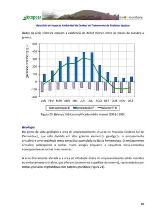 Relatório de Impacto Ambiental da Central de Tratamento de Resíduos Ipojuca

dados da serie histórica indicam a existência de déficit hídrico entre os meses de outubro a
janeiro.

       500
   )
   m
   m
   (   400
   o
   c
   i
   r   300
   d
   í
   h
   o   200
   ç
   n
   a
   l
   a   100
   B
           0

       -100

       -200
               JAN   FEV MAR ABR        MAI   JUN   JUL     AGO SET OUT NOV DEZ

                        evaporação E       precipitação P      balanço=P-E

               Figura 20. Balanço hídrico simplificado médio mensal (1961-1990).



Geologia
Do ponto de vista geológico a área do empreendimento situa-se na Província Costeira Sul de
Pernambuco, que está dividida em dois grandes elementos geológicos: o embasamento
cristalino e uma seqüência meso-cenozóica acumulada na Bacia Pernambuco. O embasamento
cristalino corresponde a rochas muito antigas enquanto a sequência meso-cenozóica
correspondem as rochas mais recentes.

A área diretamente afetada e a área de influência direta do empreendimento estão inseridas
no embasamento cristalino, que afloram (ocorrem na superfície do terreno), representadas por
rochas gnáissico-migmatíticas com porções graníticas (Figura 21).




                                                                                         48
 