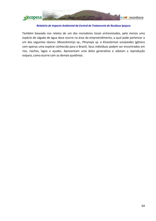 Relatório de Impacto Ambiental da Central de Tratamento de Resíduos Ipojuca

Também baseado nos relatos de um dos moradores locais entrevistados, pelo menos uma
espécie de cágado de água doce ocorre na área do empreendimento, a qual pode pertencer a
um dos seguintes táxons: Mesoclemmys sp., Phrynops sp. e Kinosternon scorpioides (gênero
com apenas uma espécie conhecida para o Brasil). Seus indivíduos podem ser encontrados em
rios, riachos, lagos e açudes. Apresentam uma dieta generalista e adotam a reprodução
ovípara, como ocorre com os demais quelônios.




                                                                                        64
 