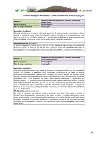Relatório de Impacto Ambiental da Central de Tratamento de Resíduos Ipojuca

                                      Interferências com infraestrutura existente: Impacto no
Impacto 9
                                      sistema viário
Fator Ambiental                       Socioeconômico
Fase do empreendimento                Implantação

Descrição e classificação
Eventual adensamento no sistema viário local já precário. O movimento de transporte dos resíduos
deverá se concentrar entre o Distrito Industrial Portuário de Suape e o empreendimento, num
percurso total de cerca de 12km, através da PE 60. O impacto é Negativo, de Baixa Importância, de
Magnitude Baixa, Permanente, Irreversível, Imediato, Direto e de Alta Probabilidade

Medida de Controle: Mitigadora
A medida mitigadora para este impacto trata-se de uma medida de segurança para o aumento no
fluxo viário que é a execução não só dos eixos viários de acesso ao empreendimento como a
execução da via de interligação e faixa de desaceleração entre a PE 60 e o próprio empreendimento.



                                      Interferências com infraestrutura existente: Impacto no
Impacto 10
                                      saneamento ambiental
Fator Ambiental                       Socioeconômico
Fase do empreendimento                Implantação

Descrição e classificação
Nos municípios que compõem a AII, o local de destinação final desses resíduos, em sua esmagadora
maioria não atendem às exigências legais ambientais, constituindo-se de lixões ou aterros
controlados. Como agravante, devemos ainda considerar que, mesmo aqueles que possuem aterro
sanitário, não têm destinação específica para os resíduos industriais que terminam sendo recolhidos
juntamente com o lixo doméstico de forma absolutamente inadequada. A implantação do
empreendimento CTR Ipojuca possibilitará as administrações locais estabelecerem normas quanto a
destinação dos resíduos industriais, que por sua vez serão transportado por um trajeto mais curto
que as possibilidades atuais, minimizando impactos decorrentes desse transporte. O impacto é
Positivo, de Alta Importância, de Magnitude Alta, Permanente, Irreversível, Imediato, Direto/Indireto
e de Alta Probabilidade
Medida de Controle: Maximizadora
De modo a maximizar os impactos positivos, propomos que sejam fomentados a criação e
fortalecimento de associações e cooperativas que atuam na coleta e reciclagem do lixo bem como
sejam empreendidas campanhas educativas implantando-se a coleta seletiva beneficiando essas
entidades (Programa de Educação Ambiental). É importante considerar que uma das principais
atividades econômicas da AII é o turismo e que a agenda da sustentabilidade agrega valor á prestação
desse serviço.




                                                                                                        84
 