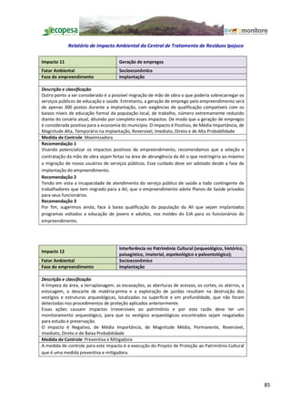 Relatório de Impacto Ambiental da Central de Tratamento de Resíduos Ipojuca

Impacto 11                            Geração de empregos
Fator Ambiental                       Socioeconômico
Fase do empreendimento                Implantação

Descrição e classificação
Outro ponto a ser considerado é a possível migração de mão de obra o que poderia sobrecarregar os
serviços públicos de educação e saúde. Entretanto, a geração de emprego pelo empreendimento será
de apenas 300 postos durante a implantação, com exigências de qualificação compatíveis com os
baixos níveis de educação formal da população local, de trabalho, número extremamente reduzido
diante do cenário atual, diluindo por completo esses impactos. De modo que a geração de empregos
é considerada positiva para a economia do município. O impacto é Positivo, de Média Importância, de
Magnitude Alta, Temporário na implantação, Reversível, Imediato, Direto e de Alta Probabilidade
Medida de Controle: Maximizadora
Recomendação 1
Visando potencializar os impactos positivos do empreendimento, recomendamos que a seleção e
contratação da mão de obra sejam feitas na área de abrangência da AII o que restringiria ao máximo
a migração de novos usuários de serviços públicos. Esse cuidado deve ser adotado desde a fase de
implantação do empreendimento.
Recomendação 2
Tendo em vista a incapacidade de atendimento do serviço público de saúde a todo contingente de
trabalhadores que tem migrado para a AII, que o empreendimento adote Planos de Saúde privados
para seus funcionários.
Recomendação 3
Por fim, sugerimos ainda, face à baixa qualificação da população da AII que sejam implantados
programas voltados a educação de jovens e adultos, nos moldes do EJA para os funcionários do
empreendimento.




                                      Interferência no Patrimônio Cultural (arqueológico, histórico,
Impacto 12
                                      paisagístico, imaterial, espeleológico e paleontológico);
Fator Ambiental                       Socioeconômico
Fase do empreendimento                Implantação

Descrição e classificação
A limpeza da área, a terraplanagem, as escavações, as aberturas de acessos, os cortes, os aterros, a
estocagem, o descarte de matéria-prima e a exploração de jazidas resultam na destruição dos
vestígios e estruturas arqueológicas, localizadas na superfície e em profundidade, que não foram
detectadas nos procedimentos de proteção aplicados anteriormente.
Essas ações causam impactos irreversíveis ao patrimônio e por esta razão deve ter um
monitoramento arqueológico, para que os vestígios arqueológicos encontrados sejam resgatados
para estudo e preservação.
O impacto é Negativo, de Média Importância, de Magnitude Média, Permanente, Reversível,
Imediato, Direto e de Baixa Probabilidade
Medida de Controle: Preventiva e Mitigadora
A medida de controle para este impacto é a execução do Projeto de Proteção ao Patrimônio Cultural
que é uma medida preventiva e mitigadora.




                                                                                                       85
 