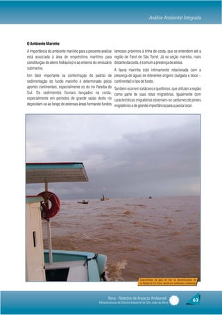 Análise Ambiental Integrada



O Ambiente Marinho
A importância do ambiente marinho para a presente análise     lamosos próximos à linha de costa, que se entendem até a
está associada à área de empréstimo marítimo para             região de Farol de São Tomé. Já na seção marinha, mais
constituição de aterro hidráulico e ao entorno do emissário   distante da costa, é comum a presença de areias.
submarino.                                               A fauna marinha está intimamente relacionada com a
Um fator importante na conformação do padrão de presença de águas de diferentes origens (salgada e doce –
sedimentação do fundo marinho é determinado pelos continental) e tipo de fundo.
aportes continentais, especialmente os do rio Paraíba do Também ocorrem cetáceos e quelônios, que utilizam a região
Sul. Os sedimentos fluviais lançados na costa, como parte de suas rotas migratórias. Igualmente com
especialmente em períodos de grande vazão deste rio características migratórias observam-se cardumes de peixes
depositam-se ao longo de extensas áreas formando fundos migratórios e de grande importância para a pesca local.




                                                                                    Características da água do mar na desembocadura do
                                                                                    rio Paraíba do Sul (turva, devido aos sedimentos continentais




                                                         Rima - Relatório de Impacto Ambiental                                               63
                                                  Infraestruturas do Distrito Industrial de São João da Barra
 