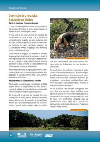 Impactos Ambientais


Descrição dos Impactos
Sobre o Meio Biótico
Perda de Habitats e Espécimes Vegetais
O impacto sobre a vegetação ocorrerá como consequência
das atividades de limpeza do terreno para implantação de
canteiro de obras, terraplanagem e aterros.
A maior parte da área a ser suprimida para instalação das
infraestruturas do DISJB e lotes 1 e 5, encontra-se
antropizada (áreas ocupadas por pasto, cultivo de coco,
eucalipto, lavouras) e apenas uma pequena parte é coberta
por tipologias de maior importância ecológica. Dos
2.100ha de área, 300ha é de vegetação nativa de restinga
em bom estado de conservação.
Como medidas de mitigação, são relevantes as atividades
de acompanhamento ambiental da supressão e o resgate de
                                                                                            Tamanduá-mirim - tamandua tetradactyla
flora seguido de plantios de reposição de vegetação nativa
em área localizada na região. Ações de controle ambiental          pela fauna, especialmente para aquelas espécies com
constantes no Plano Ambiental de Construção também são             menor poder de deslocamento ou mais sensíveis a
relevantes para conservação da fauna e flora.                      perturbações.
As atividades de retirada de vegetação promoverão ainda a          As características dos ambientes (presença de pasto,
perda de habitats para os animais silvestres da região, além       culturas variadas etc) presentes no DISJB contribuem para
da geração de ruídos que poderão afetar a fauna, conforme          a modificação das espécies de animais que ali vivem.
explicado no próximo item.                                         Portanto, atualmente, existe o predomínio de animais que
Afugentamento da Fauna (Animais) Terrestre                         se adaptaram a este ambiente modificado Já nas partes
                                                                   menos degradadas é importante considerar a existência de
As atividades necessárias para a implantação do DISSJ
                                                                   espécies de importância ecológica.
podem resultar no afugentamento da fauna devido à
redução de habitats, bem como devido aos ruídos gerados            Por isto, os animais serão relocados ou resgatados antes
na movimentação de maquinário pesado e pessoal.                    que a área seja suprimida. Alguns indivíduos, como
                                                                   aqueles de espécies com menor mobilidade ou aqueles de
De forma geral, a supressão de vegetação tem como
                                                                   maior importância ecológica, serão deslocados para áreas
consequência a modificação de ambientes necessários
                                                                   de soltura com características adequadas para sua
para o estabelecimento de populações de animais (fauna).
                                                                   sobrevivência. Estas áreas serão monitoradas
Mesmo que a retirada da vegetação seja feita de maneira
                                                                   continuamente, conforme procedimentos do Programa de
seletiva e gradual, efeitos negativos podem ser sentidos
                                                                   Resgate e Manejo da Fauna.
                                                                                                     Tipo Herbáceo usado como Pasto




 74                                     Ecologus                Agrar
                                        Engenharia Consultiva
             Uma empresa do Grupo EBX
 