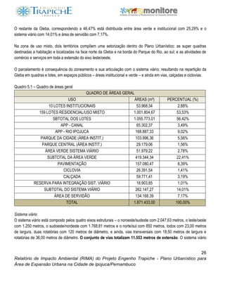 26
Relatório de Impacto Ambiental (RIMA) do Projeto Engenho Trapiche - Plano Urbanístico para
Área de Expansão Urbana na Cidade de Ipojuca/Pernambuco
O restante da Gleba, correspondendo a 46,47% está distribuida entre área verde e institucional com 25,29% e o
sistema viário com 14,01% e área de servidão com 7,17%.
Na zona de uso misto, dois territórios compõem uma setorização dentro do Plano Urbanístico: as super quadras
destinadas a habitação e localizadas na face norte da Gleba e na borda do Parque do Rio, ao sul; e as atividades de
comércio e serviços em toda a extensão do eixo leste/oeste.
O parcelamento é consequência do zoneamento e sua articulação com o sistema viário, resultando na repartição da
Gleba em quadras e lotes, em espaços públicos – áreas institucional e verde – e ainda em vias, calçadas e ciclovias.
Quadro 5.1 – Quadro de áreas geral
QUADRO DE ÁREAS GERAL
USO ÁREAS (m²) PERCENTUAL (%)
10 LOTES INSTITUCIONAIS 53.968,34 2,88%
159 LOTES RESIDENCIAL/USO MISTO 1.001.804,67 53,53%
SBTOTAL DOS LOTES 1.055.773,01 56,42%
APP - CANAL 65.302,37 3,49%
APP - RIO IPOJUCA 168.887,33 9,02%
PARQUE DA CIDADE (ÁREA INSTIT.) 103.996,36 5,56%
PARQUE CENTRAL (ÁREA INSTIT.) 29.179,06 1,56%
ÁREA VERDE SISTEMA VIÁRIO 51.979,22 2,78%
SUBTOTAL DA ÁREA VERDE 419.344,34 22,41%
PAVIMENTAÇÃO 157.080,47 8,39%
CICLOVIA 26.391,54 1,41%
CALÇADA 59.771,41 3,19%
RESERVA PARA INTEGRAÇÃO SIST. VIÁRIO 18.903,85 1,01%
SUBTOTAL DO SISTEMA VIÁRIO 262.147,27 14,01%
ÁREA DE SERVIDÃO 134.168,39 7,17%
TOTAL 1.871.433,00 100,00%
Sistema viário
O sistema viário está composto pelos quatro eixos estruturais – o noroeste/sudeste com 2.047,63 metros, o leste/oeste
com 1.250 metros, o sudoeste/nordeste com 1.768,81 metros e o norte/sul com 850 metros, todos com 23,00 metros
de largura, duas rotatórias com 120 metros de diâmetro, e ainda, vias transversais com 18,50 metros de largura e
rotatórias de 36,00 metros de diâmetro. O conjunto de vias totalizam 11.553 metros de extensão. O sistema viário
 
