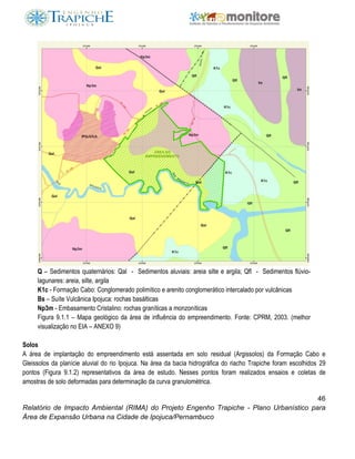 46
Relatório de Impacto Ambiental (RIMA) do Projeto Engenho Trapiche - Plano Urbanístico para
Área de Expansão Urbana na Cidade de Ipojuca/Pernambuco
Q – Sedimentos quaternários: Qal - Sedimentos aluviais: areia silte e argila; Qfl - Sedimentos flúvio-
lagunares: areia, silte, argila
K1c - Formação Cabo: Conglomerado polimítico e arenito conglomerático intercalado por vulcânicas
Bs – Suíte Vulcânica Ipojuca: rochas basálticas
Np3m - Embasamento Cristalino: rochas graníticas a monzoníticas
Figura 9.1.1 – Mapa geológico da área de influência do empreendimento. Fonte: CPRM, 2003. (melhor
visualização no EIA – ANEXO 9)
Solos
A área de implantação do empreendimento está assentada em solo residual (Argissolos) da Formação Cabo e
Gleissolos da planície aluvial do rio Ipojuca. Na área da bacia hidrográfica do riacho Trapiche foram escolhidos 29
pontos (Figura 9.1.2) representativos da área de estudo. Nesses pontos foram realizados ensaios e coletas de
amostras de solo deformadas para determinação da curva granulométrica.
 
