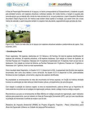 53
Relatório de Impacto Ambiental (RIMA) do Projeto Engenho Trapiche - Plano Urbanístico para
Área de Expansão Urbana na Cidade de Ipojuca/Pernambuco
A Área de Preservação Permanente do rio Ipojuca, no trecho correspondente ao Empreendimento, é bastante ocupada
pela atividade humana, com espécies arbustivas e arbóreas isoladas. Em muitos trechos a margem é ocupada pela
cana-de-açúcar que se estende até a borda da meia encosta do rio, na qual predomina o capim braquiária (Brachiaria
decumbens Stapf) (Figura 9.2.8). Em trechos onde existem áreas sujeitas à inundação, que variam entre oito a doze
metros de extensão o capim braquiária também é a espécie mais abundante, especialmente após períodos de cheia.
Figura 9.2.8 - Trecho da mata ciliar do rio Ipojuca com espécies arbustivas isoladas e predominância de capins. Foto:
novembro, 2010.
- Considerações Finais
Foram registradas, 164 espécies, distribuídas em 131 Gêneros e 58 Famílias. Do total de espécies identificadas 62
espécies são arbóreas, 36 espécies arbustivas, e 66 espécies herbáceas. Com relação ao número de Espécies, as
Famílias Poaceae com 14 espécies, Fabaceae com 14 espécies e Cyperaceae com 10 espécies, foram as que mais se
destacaram. Com relação ao número de Gêneros, as Famílias Fabaceae com 10 gêneros, Poaceae com 10 gêneros e
Asteraceae com 7 gêneros, foram as mais representadas.
Como resultado deste Diagnóstico, no Quadro 9.2.3.1.3 (disponível no EIA), é apresentado lista florística das espécies
encontradas, bem como seus hábitos e nome vernacular. No Quadro 9.2.3.1.4 (disponível no EIA), potencialidades
florísticas da área investigada, concernente a algumas das espécies identificadas.
Na propriedade os remanescentes de mata são encontrados de formas esparsas, em função da histórica atividade
humana na substituição da mata nativa por determinadas culturas, principalmente a de cana-de-açúcar.
Com relação à avaliação da cobertura vegetal, na área do empreendimento, pode-se afirmar que os fragmentos de
mata existentes encontram-se em estágios de regeneração variáveis, desde o estágio inicial ao estágio avançado.
Recomenda-se que para os remanescentes de Mata Atlântica em estágio avançado de regeneração, sejam realizados
esforços para preservá-los, quer por estarem em Área de Preservação Permanente (APP), quer por suas importâncias
na proteção de mananciais e controle da erosão e uso do solo.
 