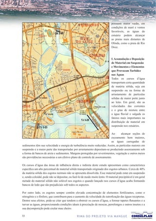 possuem maior vazão, em
                                                                              condições de maré e ventos
                                                                              favoráveis, as águas do
                                                                              estuário podem alcançar
                                                                              as praias mais distantes de
                                                                              Olinda, como a praia de Rio
                                                                              Doce.



                                                                              f. Acumulação e Deposição
                                                                              de Material em Suspensão
                                                                              e Movimentos e Elementos
                                                                              que Provocam Turbidez
                                                                              nas Águas
                                                                              Todos os cursos d’água
                                                                              transportam certa quantidade
                                                                              de matéria sólida, seja em
                                                                              suspensão ou na forma de
                                                                              arrastamento de partículas
                                                                              sólidas de maior porte junto
                                                                              ao leito. Em geral, são as
                                                                              velocidades das correntes
                                                                              e o grau de mistura entre
                                                                              a água fluvial e salgada os
                                                                              fatores mais importantes na
                                                                              distribuição de material em
                                                                              suspensão nos estuários.

                                                                            Ao     alcançar seções de
                                                                            escoamento bem maiores,
                                                                            as águas carregadas de
sedimentos têm sua velocidade e energia de turbulência muito reduzidas. Assim, as partículas maiores em
suspensão e a maior parte das transportadas por arrastamento depositam-se produzindo assoreamento sob
a forma de bancos de areia e sedimentos. Margens protegidas por revestimentos, vegetação e outros meios
são providências necessárias a um efetivo plano de controle de assoreamento.

Os cursos d’água das áreas de influência direta e indireta deste estudo apresentam como característica
específica um alto percentual de material sólido transportado originado dos esgotos urbanos. Cerca de 40%
da matéria sólida dos esgotos normais não se apresenta dissolvida. Esse material pode estar em suspensão
e, sendo coloidal, pode não se depositar, ou fazê-lo de modo muito lento. O material precipitável é em geral
metade do material sólido não solúvel nos esgotos e quando lançado nos cursos d’água acaba formando
bancos de lodo que são prejudiciais sob todos os aspectos.

Por outro lado, os esgotos sempre contêm elevada concentração de elementos fertilizantes, como o
nitrogênio e o fósforo, que contribuem para o aumento da velocidade de eutrofização das águas receptoras.
Dentre seus efeitos, pode-se citar que tendem a obstruir os cursos d’água, a formar tapetes flutuantes e a
turvar as águas, proporcionando condições ideais à procriação de moscas, pernilongos e outros insetos e a
sua decomposição pode exalar mau cheiro.

33                                              R I M A D O P R O J E TO V I A M A N G U E
 