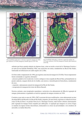 Área pontilhada indicando a cobertura vegetal do mangue em 1958,       Área pontilhada indicando a cobertura vegetal do mangue em
que totalizava 225,95ha (imagem do Satélite Spot de 10.07.98).         1975, que totalizava 148,07ha (imagem do Satélite Spot datada de
                                                                       10.07.98).


         salientar que houve grande redução em algumas áreas, como no trecho a oeste da Av. Domingos Ferreira e
         ao norte da rua Eduardo Wanderley Filho, mas acréscimo em outras, notadamente na ilha de São Simão,
         totalizando um diferencial com saldo negativo de 2,34ha.

         Foi feito então o mapeamento de 1998, que registrou uma área de mangue de 225,82ha. Nesse mapeamento
         foram constatadas as seguintes alterações:
         - processo gradativo de invasão dos viveiros contíguos à área ocupada da Ilha de Deus, principalmente na
         porção sudoeste, margem direita do rio Jordão, com aterros e intensificação de fruticulturas, notadamente
         do coco;
         - expansão e adensamento natural do manguezal da Ilha de São Simão;
         - recuperação do manguezal do istmo da fábrica Bacardi.

         Ocorreu, portanto, uma recuperação espontânea e acréscimo e/ou adensamento de 80ha da vegetação de
         mangue, praticamente se igualando ao total da vegetação de mangue existente em 1958.

         Constata-se que entre os anos de 1998 e 2007 ocorreram diversas modificações, como adensamento na área
         da antiga fábrica da Bacardi e na ilha de São Simão, enquanto, de outra forma, registram-se reduções de áreas
         como na Ilha de Deus e na porção Oeste da Av. Domingos Ferreira, onde trechos cobertos anteriormente
         pela vegetação de mangue foram ocupados por edificações. A vegetação que margeava os cursos d’água
         se mantém em alguns trechos descontínuos, destacando-se as áreas nas proximidades e nos arredores do
         aeroclube, no Jardim Beira Rio.


         3                                                        R I M A D O P R O J E TO V I A M A N G U E
 