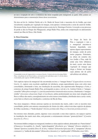 ao uso e ocupação do solo e à dinâmica das áreas ocupadas pelo manguezal, as quais, aliás, podem ser
determinantes para a manutenção futura desse ecossistema.

Da área sul da Av. Antônio Falcão até a Av. Barão de Souza Leão e nascentes do rio Jordão, que eram
inicialmente ocupadas por vegetação de mangue, resta apenas o remanescente a oeste do canal do Jordão.
Da mesma forma, houve drástica perda na área a oeste da Av. Domingos Ferreira. A exceção a esse processo
de perda se deu no Parque dos Manguezais, antiga Rádio Pina, ainda com compensação ou adensamento
natural nas ilhas de Deus e São Simão.

b. Flora Estuarina
                                                                                            Ao longo da bacia do
                                                                                            Pina a vegetação é rara e
                                                                                            o manguezal encontra-se
                                                                                            bastante degradado, com
                                                                                            apenas alguns representantes
                                                                                            de mangue, sendo de porte
                                                                                            muito pequeno. Entretanto,
                                                                                            na altura do estuário dos
                                                                                            rios Jordão e Pina, onde há
                                                                                            ainda uma forte influência
                                                                                            da maré, ocorre uma densa
                                                                                            vegetação de mangue que
                                                                                            chega a formar um bosque
                                                                                            cujas plantas são de porte
Comunidade jovem de Laguncularia racemosa Gaertn. f. dentro da área da antiga Rádio         sub-arbóreo até arbóreo.
Pina, com plantas de até 4m de altura, com maioria dos indivíduos entre 2 a 3m de altura.
A densidade pode superar 20.000 indivíduos por ha.

Três espécies típicas do manguezal são encontradas na área: o “mangue branco” (Laguncularia racemosa
Gaertn. f.), espécie com excelente amplitude de tolerância, ocupa especialmente áreas com solos mais
consolidados, dominando a leste, nas imediações do aeroclube, dos supermercados Bompreço e Extra, e
contornos da antiga Estação Rádio Pina, prolongando-se para o sul até a Av. Antônio Falcão; o “mangue-
vermelho” (Rhizophora mangle L.), com seu característico sistema de raízes escoras; e finalmente o “mangue-
siriúba” (Avicennia schaueriana Stapf. et Leechman), ambas predominando nas áreas mais atingidas pelo
fluxo e refluxo das marés, conseqüentemente em solos menos consolidados, distribuído mais a oeste e norte,
como bem se observa nas imediações e contornos da Ilha de Deus.

Nas áreas marginais e ilhotas arenosas sujeitas ao movimento das marés, onde o solo se encontra mais
consolidado, porém com maiores concentrações de cloreto de sódio, sobrevivem duas espécies de plantas
de folhas suculentas, o “bredo-da-praia” (Iresine portulacoides Moq.) e o Sesuvium portulacastrum L.

Em terrenos mais afastados, porém, algumas vezes associada a estas duas espécies, em espaços sujeitos
às inundações das marés mais altas, está presente a extremamente tolerante “grama-de-burro” (Cynodon
dactylon (L.) Pers.).

Nos terrenos baldios contíguos ao manguezal, instalam-se várias espécies ruderais, destacando-se a “burra-leiteira”
(Chamaesyce hyssopifolia (L.) Small), “capim-braquiária” (Brachiaria sp.), “chanana” (Turnera ulmifolia L.),
“jitirana” (Ipomoea asarifolia (Desr.) R.  Sch.), “malícia” (Schranckia leptocarpa DC.), “carrapateira” (Ricinus
communis L.), “melão-de-são-caetano” (Momordica charantia L.) e “quebra-pedra” (Phillanthus niruri Vell.).

1                                                      R I M A D O P R O J E TO V I A M A N G U E
 