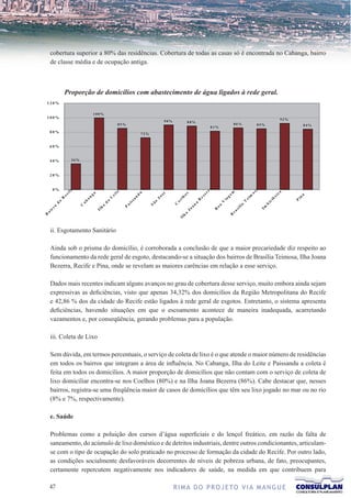 cobertura superior a 80% das residências. Cobertura de todas as casas só é encontrada no Cabanga, bairro
de classe média e de ocupação antiga.



     Proporção de domicílios com abastecimento de água ligados à rede geral.




ii. Esgotamento Sanitário

Ainda sob o prisma do domicílio, é corroborada a conclusão de que a maior precariedade diz respeito ao
funcionamento da rede geral de esgoto, destacando-se a situação dos bairros de Brasília Teimosa, Ilha Joana
Bezerra, Recife e Pina, onde se revelam as maiores carências em relação a esse serviço.

Dados mais recentes indicam alguns avanços no grau de cobertura desse serviço, muito embora ainda sejam
expressivas as deficiências, visto que apenas 34,32% dos domicílios da Região Metropolitana do Recife
e 42,86 % dos da cidade do Recife estão ligados à rede geral de esgotos. Entretanto, o sistema apresenta
deficiências, havendo situações em que o escoamento acontece de maneira inadequada, acarretando
vazamentos e, por conseqüência, gerando problemas para a população.

iii. Coleta de Lixo

Sem dúvida, em termos percentuais, o serviço de coleta de lixo é o que atende o maior número de residências
em todos os bairros que integram a área de influência. No Cabanga, Ilha do Leite e Paissandu a coleta é
feita em todos os domicílios. A maior proporção de domicílios que não contam com o serviço de coleta de
lixo domiciliar encontra-se nos Coelhos (80%) e na Ilha Joana Bezerra (86%). Cabe destacar que, nesses
bairros, registra-se uma freqüência maior de casos de domicílios que têm seu lixo jogado no mar ou no rio
(8% e 7%, respectivamente).

e. Saúde

Problemas como a poluição dos cursos d’água superficiais e do lençol freático, em razão da falta de
saneamento, do acúmulo de lixo doméstico e de detritos industriais, dentre outros condicionantes, articulam-
se com o tipo de ocupação do solo praticado no processo de formação da cidade do Recife. Por outro lado,
as condições socialmente desfavoráveis decorrentes de níveis de pobreza urbana, de fato, preocupantes,
certamente repercutem negativamente nos indicadores de saúde, na medida em que contribuem para

7                                              R I M A D O P R O J E TO V I A M A N G U E
 