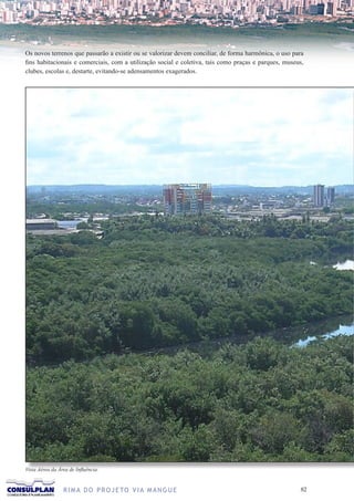 Os novos terrenos que passarão a existir ou se valorizar devem conciliar, de forma harmônica, o uso para
fins habitacionais e comerciais, com a utilização social e coletiva, tais como praças e parques, museus,
clubes, escolas e, destarte, evitando-se adensamentos exagerados.




Vista Aérea da Área de Influência.


                 R I M A D O P R O J E TO V I A M A N G U E                                            2
 