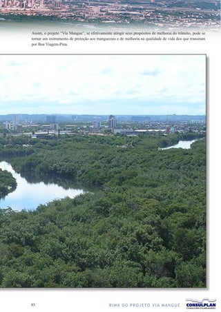 Assim, o projeto “Via Mangue”, se efetivamente atingir seus propósitos de melhoria do trânsito, pode se
tornar um instrumento de proteção aos manguezais e de melhoria na qualidade de vida dos que transitam
por Boa Viagem-Pina.




3                                            R I M A D O P R O J E TO V I A M A N G U E
 