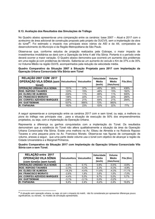 8.13. Avaliação dos Resultados das Simulações de Tráfego

No Quadro abaixo apresenta-se uma comparação entre os cenários: base 2007 – Atual e 2017 com o
acréscimo de área adicional de construção proposto pelo projeto da OUCVS, sem a implantação da obra
        84
do túnel . Foi estimado o impacto nos principais eixos viários da AID e da AII, comparados ao
desenvolvimento do Município e da Região Metropolitana de São Paulo.
Observa-se que, conforme estudos de projeção realizados pela Cobrape, o maior impacto de
investimentos imobiliários se dará com a Operação da linha 4 até Vila Sônia. Portanto é o período onde
deverá ocorrer a maior variação. O Quadro abaixo demonstra que ocorrerá um aumento dos problemas
em uma região já com problemas de trânsito. Salienta-se um aumento do veículo x Km de 37% e de 35%
no Volume Médio na região OUVS, acompanhados pela redução da velocidade média.
Quadro Comparativo da Situação 2007 à Situação Projetada para 2017 com Implantação da
Operação Urbana Consorciada Vila Sônia sem Túnel

  RELAÇÃO 2007 COM 2017                           Velocidade   Volume
 OPERAÇÃO VILA SÔNIA (sem VeículoxHora VeículoxKm   Média       Médio    Fila (Km)
          túnel)                                    (km/h)   (Veíc/hora)
OPERAÇÃO URBANA VILA SONIA                      151%              37%           -45%           35%          438%
ROD. RAPOSO TAVARES                             123%              15%           -48%           15%          182%
AV. ELISEU DE ALMEIDA                           224%              11%           -66%           11%          500%
AV. FRANCISCO MORATO                            148%              22%           -51%           22%          280%
AV. CORIFEU AZEVEDO MARQUES                     236%              21%           -64%           21%          294%
AV. GUETSEMANI                                  537%             995%            72%          993%             -
R. ITAPAIUNA                                    163%              23%           -53%           22%           77%


A seguir apresenta-se a comparação entre os cenários 2017 com e sem túnel, ou seja, a melhora ou
piora do tráfego nas principais vias , para a situação de execução de 50% dos empreendimentos
projetados, ou seja, com a implantação da Operação Urbana.
Representa a diferença ou ganhos conquistados com a implantação do Túnel. Os resultados
demonstram que a existência do Túnel não altera qualitativamente a situação da área da Operação
Urbana Consorciada Vila Sônia. Existe uma melhora na Av. Eliseu de Almeida e na Rodovia Raposo
Tavares e uma pequena piora na Av. Francisco Morato. Observa-se nas figuras de comparação de
volume, anexas a seguir, que uma parte deste volume usa o túnel com objetivo de alcançar a região da
Cidade Universitária e a Marginal Pinheiros.
Quadro Comparativo da Situação 2017 com Implantação da Operação Urbana Consorciada Vila
Sônia com e sem Túnel.

      RELAÇÃO entre 2017                                                     Velocidade   Volume
     OPERAÇÃO VILA SÔNIA                   VeículoxHora VeículoxKm             Média       Médio          Fila (Km)
     (com túnel)x (sem tunel)                                                  (km/h)   (Veíc/hora)
OPERAÇÃO URBANA VILA SONIA                      -0,8%             0,1%           0,9%         -0,5%          -0,6%
ROD. RAPOSO TAVARES                             -2,3%            -0,3%           2,2%         -0,3%          -4,8%
AV. ELISEU DE ALMEIDA                          -14,3%            -4,4%          11,6%         -4,3%         -11,1%
AV. FRANCISCO MORATO                            -2,6%             1,6%           3,6%          1,5%          -7,0%
AV. CORIFEU AZEVEDO MARQUES                     -4,4%             5,0%           9,7%          5,0%           5,7%
AV. GUETSEMANI                                  -3,1%            -3,1%           0,0%         -3,2%             -
R. ITAPAIUNA                                     9,4%             2,4%          -6,4%          2,4%          19,6%



84
  A situação sem operação urbana, ou seja, só com o impacto do metrô, não foi considerada por apresentar diferenças pouco
significativas, ou visíveis, no modelo de simulação apresentado.
 