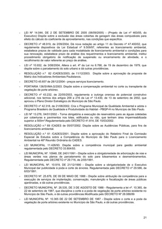 -   LEI Nº 14.044, DE 2 DE SETEMBRO DE 2005 (06/09/2005) - (Projeto de Lei nº 463/05, do
    Executivo) Dispõe sobre a exclusão das áreas cobertas de garagem das áreas computáveis para
    efeito do cálculo do coeficiente de aproveitamento, nas condições que especifica.
-   DECRETO nº 48.919, de 2/09/2004, Dá nova redação ao artigo 11 do Decreto nº 47.400/02, que
    regulamenta dispositivos da Lei Estadual nº 9.509/97, referentes ao licenciamento ambiental,
    estabelece prazos de validade para cada modalidade de licenciamento ambiental e condições para
    sua renovação, estabelece prazo de análise dos requerimentos e licenciamento ambiental, institui
    procedimento obrigatório de notificação de suspensão ou encerramento de atividade, e o
    recolhimento de valor referente ao preço de análise.
-   LEI nº 10.932, de 3/08/2004, Altera o art. 4º da Lei no 6.766, de 19 de dezembro de 1979, que
    dispõe sobre o parcelamento do solo urbano e dá outras providências.
-   RESOLUÇÃO n.º 82 /CADES/2003, de 11/12/2003. Dispõe sobre a aprovação da proposta de
    Matriz dos Indicadores Ambientais Paulistanos.
-   DECRETO 45.657 de 28/12/2004 - preços serviços licenciamento.
-   PORTARIA 136/SVMA.G/2003. Dispõe sobre a compensação ambiental no corte ou transplante de
    vegetação de porte arbóreo.
-   DECRETO nº 43.232, de 22/05/2003, regulamenta a outorga onerosa de potencial construtivo
    adicional, nos termos dos artigos 209 a 216 da Lei nº 13.430, de 13 de setembro de 2002, que
    aprovou o Plano Diretor Estratégico do Município de São Paulo.
-   DECRETO nº 42.318, de 21/08/2002, Cria o Programa Municipal de Qualidade Ambiental e adota o
    Programa Brasileiro de Qualidade e Produtividade do Habitat - PBQP-H no Município de São Paulo.
-   LEI Nº 13.276, 04/01/2002 - Torna obrigatória a execução de reservatório para as águas coletadas
    por coberturas e pavimentos nos lotes, edificados ou não, que tenham área impermeabilizada
    superior a 500m².Regulamentada pelo DECRETO 41.814, DE 15/03/2002.
-   RESOLUÇÃO n.º 69 /CADES de 05/07/2002. Dispõe sobre as Audiências Públicas, para fins de
    licenciamento ambiental.
-   RESOLUÇÃO n.º 61 /CADES/2001. Dispõe sobre a aprovação do Relatório Final da Comissão
    Especial de Estudos sobre a Competência do Município de São Paulo para o Licenciamento
    Ambiental na 46ª Reunião Ordinária do CADES.
-   LEI MUNICIPAL 11.426/93. Dispõe sobre a competência municipal para gestão ambiental
    regulamentada pelo DECRETO 33.804/93.
-   LEI MUNICIPAL Nº. 10948, DE 2401/1991 - Dispõe sobre a obrigatoriedade de arborização de vias e
    áreas verdes nos planos de parcelamento do solo para loteamentos e desmembramentos.
    Regulamentada pelo DECRETO nº 29.716, de 2/05/1991.
-   LEI MUNICIPAL Nº. 10.919, DE 21/12/1990 - Dispõe sobre a obrigatoriedade de o Executivo
    Municipal dar publicidade à poda e corte de árvores. Regulamentada pelo DECRETO nº 29.586, de
    6/03/1991.
-   DECRETO Nº. 25.876, DE 09 DE MAIO DE 1988 - Dispõe sobre atribuição de competência para a
    execução de serviços de implantação, conservação, manutenção e fiscalização de áreas públicas
    ajardinadas, e dá outras providências.
-   DECRETO MUNICIPAL Nº. 26.535, DE 3 DE AGOSTO DE 1988 - Regulamenta a lei nº. 10.365, de
    22 de setembro de 1987, que disciplina o corte e a poda de vegetação de porte arbóreo existente no
    Município de São Paulo, e dá outras providências.Modificada pelo DECRETO Nº 28.088/89
-   LEI MUNICIPAL Nº. 10.365 DE 22 DE SETEMBRO DE 1987 - Dispõe sobre o corte e a poda da
    vegetação de porte arbóreo existente no Município de São Paulo, e dá outras providências.




                                                                                                   21
 