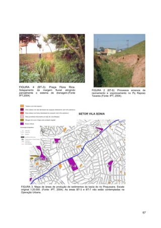 FIGURA    4   (BT-3):   Praça   Flora   Rica.
Solapamento da margem fluvial atingindo                    FIGURA 2 (BT-8): Processos erosivos de
parcialmente o sistema de drenagem.(Fonte                  ravinamento e voçorocamento no Pq Raposo
IPT,2004)                                                  Tavares (Fonte: IPT, 2004).




 FIGURA 3. Mapa de áreas de produção de sedimentos da bacia do rio Pirajussara. Escala
 original 1:20.000. (Fonte: IPT, 2004). As áreas BT-3 e BT-7 não estão contempladas na
 Operação Urbana.




                                                                                                67
 