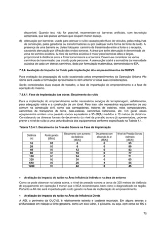 disponível. Quando isso não for possível, recomendam-se barreiras artificiais, com tecnologia
   apropriada, que são placas verticais que ocupam menor espaço.
d) Atenuação por barreiras: usada para atenuar o ruído causado pelo fluxo de veículos, pelas máquinas
   de construção, pelos geradores ou transformadores ou por qualquer outra forma de fonte de ruído. A
   presença de uma barreira ou divisor bloqueia caminho de transmissão entre a fonte e o receptor,
   causando atenuação por difração das ondas sonoras. A área que sofre atenuação é denominada de
   zona de sombra acústica. A zona de sombra acústica é maior para barreiras altas e largas,
   proporcional à distância entre a fonte transmissora e a barreira. Devem-se considerar os vários
   caminhos de transmissão que o ruído pode percorrer. A atenuação total é a somatória da intensidade
   acústica de cada um desses caminhos, dada por formulação matemática, demonstrada no EIA.

7.5.4. Avaliação do Impacto do Ruído pela implantação dos empreendimentos da OUCVS

Para avaliação da propagação do ruído ocasionado pelos empreendimentos da Operação Urbana Vila
Sônia será usada a formulação apresentada no item anterior e todas suas considerações.
Serão consideradas duas etapas de trabalho, a fase de implantação do empreendimento e a fase de
operação do mesmo.

7.5.4.1. Fase de Implantação das obras: Decaimento do ruído

Para a implantação do empreendimento serão necessários serviços de terraplanagem, asfaltamento,
para adequação viária e a construção de um túnel. Para isso, são necessários equipamentos de uso
comum na construção civil, como pás carregadeiras, tratores de esteiras, rolos compactadores,
caminhões de transportes de terra, bate-estacas, caminhões betoneiras, etc. Em geral, esses
equipamentos emitem uma pressão sonora equivalente a 95 dB(A) medidos a 10 metros de distância.
Considerando as diversas formas de decaimento do nível de pressão sonora já apresentadas, pode-se
prever o nível de ruído a uma certa distância dos equipamentos conforme especificado na Tabela 4.1.

Tabela 7.5.4.1. Decaimento da Pressão Sonora na Fase de Implantação

                                   Decaimento com aumento   Decaimento com    Nível de Pressão Sonora
      Distância     Ruído gerado
                                         da distância        absorção do ar           estimado
         (m)           [dB(A)]
                                           [dB(A)]              [dB(A)]                [dB(A)]
         10             95                    0                    0                     95
         20             95                    6                    0                     89
         40             95                   12                    0                     83
         80             95                   18                    0                     77
        160             95                   24                    0                     71
        320             95                   30                    0                     65
        640             95                   36                    4                     55
       1280             95                   42                    8                     45



   Avaliação do impacto do ruído na Área Influência Indireta e na área de entorno
Como se pode observar na tabela acima, o nível de pressão sonora a cerca de 320 metros de distância
do equipamento em operação é menor que o NCA recomendado, bem como o diagnosticado na região.
Portanto a AII não será impactada pelo ruído gerado na fase de implantação do empreendimento.

   Avaliação do impacto do ruído na Área de Influência Direta
A AID, o perímetro da OUCVS, é relativamente estreito e bastante recortado. Em alguns setores a
profundidade em relação à fonte geradora, como um eixo viário, é pequena, ou seja, com cerca de 100 a


                                                                                                        75
 