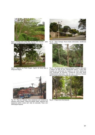 Fig.8 – Córrego sem mata ciliar, na rua João Scaciolli . setor   Fig.10 – Setor Caxingui. Ruas amplas arborizadas, residências
Morumbi 2 próximo à Av. Francisco Morato.                        de alto padrão.




Fig13 – Mesma rua Paulo Ângelo. Agora, de frente para a          Fig.14 – De costas para a Rodovia Raposo Tavares, vista para
Praça Elis Regina.                                               o interior da área da Soc. Beneficiente alemã. A área está
                                                                 ocupada por construções de madeira e ao fundo observa-se
                                                                 uma construção de alvenaria. Constitui-se uma área verde
                                                                 medianamente arborizada, uma vez que, a estrutura florestal
                                                                 não é mantida devido à ocupação do sub-bosque.




Fig. 18 – Rua Cel. Camisão. Área residencial com comercio de     Fig.23 – Praça Lions Club Butantã.
pequeno porte isolado. Casas de padrão médio, algumas com
pequenos jardins outras sem área de absorção. Ruas com
arborização esparsa.




                                                                                                                           91
 