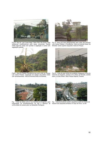 Fig 27- Rua Dr. Layr Costa Rego. Setor Pólo Vila Sonia. Área   Fig 31- Área que será desapropriada para união dos Parques
residencial modificando-se para casas comerciais. Padrão       Luis Carlos Prestes e Previdência. Vista da Avenida Eliseu de
médio algumas casas com quintais e vegetação e outras com      Almeida. Canto superior esquerdo é área do Parque.
vegetação ausente.




Fig33- Área do Parque Previdência que será unido ao Parque     Fig 45 – Vista de área verde de eucaliptos margeando a Rua do
Luis Carlos Prestes. Vegetação em estágio secundário médio     Caminho do Engenho, próximo à Av. Eliseu de Almeida, sentido
com remanescentes. Vista da Avenida Eliseu de Almeida.         bairro, do lado direito. Setor Parque Raposo Tavares.




Fig. – Vista da Gleba junto à rua Caminho do Engenho, para     Fig. – Vista da favela do Jardim Jaqueline a partir do Centro de
implantação de empreendimento de HIS e abertura da             Saúde local (esquerda embaixo) no topo do morro, na AII.
continuidade de acesso pela rua Sebastião Rodrigues.




                                                                                                                             92
 