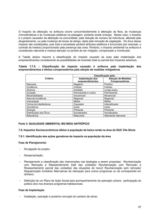 O impacto da alteração na avifauna ocorre concomitantemente à alteração da flora, às mudanças
microclimáticas e às mudanças estéticas na paisagem, portanto existe sinergia. Nesse caso, o impacto
é o próprio causador da alteração na comunidade, pela redução de número de indivíduos, alterada pelo
afugentamento, ou pela mudança de locais de abrigo, dada pela remoção de vegetação. Os ônus desse
impacto são socializados, pois toda a sociedade perderá atributos estéticos e funcionais (por exemplo, o
controle de insetos) proporcionado pela presença das aves. Portanto, o impacto ambiental na avifauna é
considerado relevante e merece atenção no sentido de ser mitigado, compensado e monitorado.

A Tabela abaixo resume a classificação do impacto causado às aves pela implantação dos
empreendimentos considerando as possibilidades de reversão total ou parcial dos impactos adversos.

Tabela 7.7.5. - Classificação do impacto causado à avifauna pela implantação                        dos
empreendimentos e efeitos compensatórios pela adoção de medidas mitigadoras

                                                                 Classificação pela:
                       Critério                     Implantação dos            Adoção de Medidas
                                                   empreendimentos               Compensatórias
      Natureza                                Negativo                    Positivo
      Incidência                              Indireto                    Indireto
      Alcance                                 Imediato                    Longo prazo
      Duração                                 Permanente e cíclico        Permanente
      Reversibilidade                         Irreversível                Reversível
      Área de Incidência                      Regional                    Regional
      Intensidade                             Média                       Média
      Forma de Interferência                  Causador                    Intensificador
      Ocorrência                              Certo                       Certo
      Sinergia                                Presente                    Presente
      Distribuição dos Ônus                   Socializados                Socializados
      Relevância                              Relevante                   Altamente relevante


Parte 3: QUALIDADE AMBIENTAL MO MEIO ANTRÓPICO

7.8. Impactos Socioeconômicos afetos à população de baixa renda na área da OUC Vila Sônia

7.8.1. Identificação das ações geradoras de impacto na população da área

Fase de Planejamento:

-   Divulgação do projeto;

-   Desapropriação;

-   Planejamento e classificação das intervenções nas tipologias a serem propostas: Reurbanização
    com Remoção e Reassentamento total das unidades/ Reurbanização com Remoção e
    Reassentamento parcial das unidades( das situações de risco)/ Reurbanização sem remoção/
    Regularização fundiária/ Alternativas de relocação para outros programas ou de contrapartida em
    dinheiro;

-   Definição de um Plano de Ação Social para acompanhamento da operação urbana: participação do
    público alvo nos diversos programas habitacionais.

Fase de Implantação

-   Instalação, operação e posterior remoção do canteiro de obras;



                                                                                                     97
 