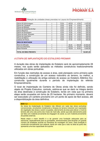 Quadro 1 – Relação de unidades áreas previstas no Layout do Empreendimento
  Oficina Estrutural III                      1          20,00     165,00   x   45,00     7.425,00
  Oficina de Submontagem                      1          10,00     165,00   x   15,00     2.475,00
  Oficina de Tubulação                        1          10,00      55,00   x   15,00       825,00
  Oficina de Módulos                          1          10,00      25,00   x   15,00       375,00
  Oficina de Acessórios de Aço                1          10,00      55,00   x   15,00       825,00
  Oficina Mecânica                            1          10,00      25,00   x   10,00       250,00
  Oficina de Decapagem                        1          10,00      15,00   x   15,00       225,00
  Oficina de Acab. Avançado                   1          15,00      25,00   x   14,00       350,00
  Oficina de Carpintaria                      1          10,00      25,00   x   10,00       250,00
  Oficina de Elétrica                         1          10,00      25,00   x   10,00       250,00
  Cabines de Pintura                          3          15,00      27,00   x   15,00       405,00
  ÁREA DE MONTAGEM
  Área de edificação                          1            -        80,00   x 300,00     24.000,00
  Cais de acabamento                          1            -       520,00   x 20,00      10.400,00
  Dique Flutuante                             1            -       150,00   x 40,00       6.000,00

  TOTAL DE ÁREA PREVISTA                                                                124.001,25



A ETAPA DE IMPLANTAÇÃO DO ESTALEIRO PROMAR

A duração das obras de implantação do Estaleiro será de aproximadamente 28
meses, nos quais serão aplicados os métodos construtivos tradicionalmente
utilizados em obras portuárias.
Em função das restrições de acesso à área, está planejado como primeira ação
construtiva, a construção de um acesso rodoviário ao terreno, ou melhor, a
reabilitação e utilização da antiga estrada de acesso ao Estaleiro Atlântico Sul,
construída igualmente durante o período de implantação do referido
Empreendimento.
O local de implantação do Canteiro de Obras ainda não foi definido, sendo
objeto do Projeto Executivo, contudo, estima-se que se dará na íntegra dentro
da área destinada à construção do Estaleiro, tendo em vista que na primeira
etapa serão ocupados em torno de 25 hectares. No primeiro momento, deverá
ser executado um canteiro provisório em um ponto de apoio de fácil acesso, até
a disponibilização da área definitiva.

       BOX 1.3
       As obras de implantação do Estaleiro não diferem em nada das obras portuárias
       convencionais, envolvendo inicialmente a limpeza do terreno incluindo com supressão
       de vegetação das áreas a serem ocupadas, aterramento da área para elevar o nível do
       terreno até uma cota acima dos níveis de maré alta, sendo que este aterramento pode
       ser feito com material proveniente da dragagem do canal, ou com material proveniente
       de jazidas externas.
       Nesta etapa o maior desafio é a de garantir uma fundação adequada para as
       estruturas, especialmente para os guindastes, dimensionados para levantar um grande
       número de toneladas durante as manobras de montagem do navio. Esta fundação é
       construída normalmente com estacas, tendo em vista que o solo na área do porto não
       apresenta uma boa capacidade de suporte.



                                                                                          RIMA/C - 12
 