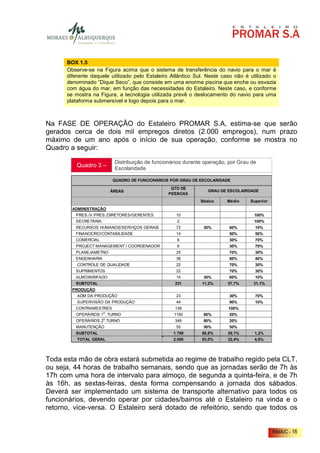 BOX 1.5
      Observe-se na Figura acima que o sistema de transferência do navio para o mar é
      diferente daquele utilizado pelo Estaleiro Atlântico Sul. Neste caso não é utilizado o
      denominado “Dique Seco”, que consiste em uma enorme piscina que enche ou esvazia
      com água do mar, em função das necessidades do Estaleiro. Neste caso, e conforme
      se mostra na Figura, a tecnologia utilizada prevê o deslocamento do navio para uma
      plataforma submersível e logo depois para o mar.



Na FASE DE OPERAÇÃO do Estaleiro PROMAR S.A, estima-se que serão
gerados cerca de dois mil empregos diretos (2.000 empregos), num prazo
máximo de um ano após o início de sua operação, conforme se mostra no
Quadro a seguir:

                         Distribuição de funcionários durante operação, por Grau de
          Quadro 3 –     Escolaridade

                         QUADRO DE FUNCIONÁRIOS POR GRAU DE ESCOLARIDADE
                                                QTD DE
                        ÁREAS                                  GRAU DE ESCOLARIDADE
                                               PESSOAS
                                                            Básico     Médio     Superior
        ADMINISTRAÇÃO
         PRES./V.PRES./DIRETORES/GERENTES         10                              100%
         SECRETÁRIA                                2                              100%
         RECURSOS HUMANOS/SERVIÇOS GERAIS         72          30%       60%        10%
         FINANCEIRO/CONTABILIDADE                 14                    50%        50%
         COMERCIAL                                 6                    30%        70%
         PROJECT MANAGEMENT / COORDENADOR          6                    30%        70%
         PLANEJAMETNO                             25                    70%        30%
         ENGENHARIA                               38                    60%        40%
          CONTROLE DE QUALIDADE                   22                    70%        30%
         SUPRIMENTOS                              22                    70%        30%
         ALMOXARIFADO                             14          30%       60%        10%
         SUBTOTAL                                 231        11,2%      57,7%     31,1%
        PRODUÇÃO
          ADM DA PRODUÇÃO                         23                    30%        70%
          SUPERVISÃO DA PRODUÇÃO                  44                    90%        10%
         CONTRAMESTRES                            139                   100%
         OPERÁRIOS 10. TURNO                      1160        80%       20%
         OPERÁRIOS 20.TURNO                       348         80%       20%
         MANUTENÇÃO                               55          50%       50%
         SUBTOTAL                                1.769       69,8%      29,1%      1,2%
          TOTAL GERAL                            2.000       63,0%      32,4%      4,6%




Toda esta mão de obra estará submetida ao regime de trabalho regido pela CLT,
ou seja, 44 horas de trabalho semanais, sendo que as jornadas serão de 7h às
17h com uma hora de intervalo para almoço, de segunda a quinta-feira, e de 7h
às 16h, as sextas-feiras, desta forma compensando a jornada dos sábados.
Deverá ser implementado um sistema de transporte alternativo para todos os
funcionários, devendo operar por cidades/bairros até o Estaleiro na vinda e o
retorno, vice-versa. O Estaleiro será dotado de refeitório, sendo que todos os


                                                                                            RIMA/C - 16
 