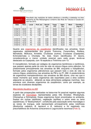 Resultado das medições de dados abióticos e clorofila a coletados na área
  Quadro 7 –        estuarina do Rio Massangana e entorno das Ilhas de Tatuoca e Cocaia em
                    abril de 2010.
  Data      Hora       Local    Prof. (m)   Secchi   Temp.     Salin.    Maré     Clorofila a
                                                                                          -3
                                             (m)      (ºC)      (‰)                (mg.m )
 01/04/10   09:25       P1        4,00       1,10    29,50     36,00      BM         1,77
 01/04/10   10:00       P2        2,00       0,55    30,00     36,00      BM         1,28
 01/04/10   10:35       P3        7,50       0,90    30,00     32,00      BM         1,74
 01/04/10   11:10       P4        7,50       0,70    30,00     32,00      BM         3,40

 01/04/10   17:20       P1        7,00       2,50    29,00     39,00      PM         0,38
 01/04/10   16:50       P2        3,50       0,60    29,50     38,00      PM         0,77
 01/04/10   16:30       P3        9,00       2,00    29,50     39,00      PM         0,55
 01/04/10   16:10       P4        8,50       1,00    30,50     35,00      PM         1,48

Quanto aos organismos do zooplâncton identificados nas amostras, foram
registrados representantes dos grupos Tintinnina, Foraminifera, Rotifera,
Nematoda, Mollusca, Annelida, Crustacea (outros), Crustacea (Copepoda),
Echinodermata e Chordata. No total, foram identificados 51 táxons,
considerando-se a menor unidade possível para cada grupo, tendo-se
destacado os Copepoda, com 18 espécies e Tintinnina com 13.
O meroplâncton, formado por estágios de organismos bentônicos e nectônicos,
que passam apenas parte do ciclo de vida na coluna d’água como plâncton, foi
predominante principalmente nas amostras de BM, enquanto o holoplâncton,
formado pelos organismos plânctonicos que passam todo o ciclo de vida na
coluna d’água, predominou nas amostras de PM e no P1_BM. A predominância
de organismos meroplanctônicos nas amostras de BM ocorre, uma vez que é
nesse momento que esses organismos são exportados para a área costeira
adjacente ao estuário, afetando as teias alimentares pelágicas marinhas. Isso
acontece com diversos organismos do zooplâncton, como por exemplo, as
larvas de crustáceos decápodes.

Macrobiota Aquática na AID
A partir das prospecções realizadas na baixa-mar foi possível registrar algumas
espécies de macroalgas representadas pelas três Divisões: Rhodophyta,
Chlorophya e Ochrophyta. Esses organismos foram encontrados no ambiente,
fixados em rochas (epilíticas), vegetação (epífitas) e sobre areia ou lama
(episâmicas). O “Bostrychietum”, constituído pela associação entre macroalgas e
as raízes de mangue, está representado principalmente pelas rodofíceas
(Bostrychia caliptera, B. leprieurii e B. radicans) e foi registrado nos
pneumatóforos de Avicennia schaueriana e Laguncularia racemosa (Foto 3).




                                                                                     RIMA/C - 35
 