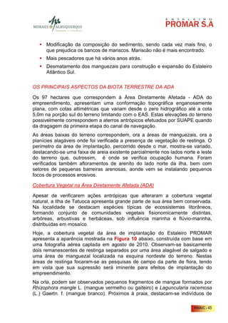 Modificação da composição do sedimento, sendo cada vez mais fino, o
      que prejudica os bancos de mariscos. Mariscão não é mais encontrado.
      Mais pescadores que há vários anos atrás.
      Desmatamento dos manguezais para construção e expansão do Estaleiro
      Atlântico Sul.

OS PRINCIPAIS ASPECTOS DA BIOTA TERRESTRE DA ADA

Os 97 hectares que correspondem à Área Diretamente Afetada - ADA do
empreendimento, apresentam uma conformação topográfica enganosamente
plana, com cotas altimétricas que variam desde o zero hidrográfico até a cota
5,0m na porção sul do terreno limitando com o EAS. Estas elevações do terreno
possivelmente correspondem a aterros antrópicos efetuados por SUAPE quando
da dragagem da primeira etapa do canal de navegação.
As áreas baixas do terreno correspondem, ora a áreas de manguezais, ora a
planícies alagáveis onde foi verificada a presença de vegetação de restinga. O
perímetro da área de implantação, percorrido desde o mar, mostra-se variado,
destacando-se uma faixa de areia existente parcialmente nos lados norte e leste
do terreno que, outrossim, é onde se verifica ocupação humana. Foram
verificados também afloramentos de arenito do lado norte da ilha, bem com
setores de pequenas barreiras arenosas, aonde vem se instalando pequenos
focos de processos erosivos.

Cobertura Vegetal na Área Diretamente Afetada (ADA)

Apesar de verificarem ações antrópicas que alteraram a cobertura vegetal
natural, a Ilha de Tatuoca apresenta grande parte de sua área bem conservada.
Na localidade se destacam espécies típicas de ecossistemas litorâneos,
formando conjunto de comunidades vegetais fisionomicamente distintas,
arbóreas, arbustivas e herbáceas, sob influência marinha e flúvio-marinha,
distribuídas em mosaíco.
Hoje, a cobertura vegetal da área de implantação do Estaleiro PROMAR
apresenta a aparência mostrada na Figura 10 abaixo, construída com base em
uma fotografia aérea captada em agosto de 2010. Observam-se basicamente
dois remanescentes de restinga separados por uma área alagável de salgado e
uma área de manguezal localizada na esquina nordeste do terreno. Nestas
áreas de restinga focaram-se as pesquisas de campo da parte de flora, tendo
em vista que sua supressão será iminente para efeitos de implantação do
empreendimento.
Na orla, podem ser observados pequenos fragmentos de mangue formados por
Rhizophora mangle L. (mangue vermelho ou gaiteiro) e Laguncularia racemosa
(L.) Gaertn. f. (mangue branco). Próximos à praia, destacam-se indivíduos de

                                                                       RIMA/C - 45
 