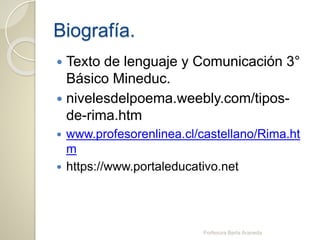 Biografía.
 Texto de lenguaje y Comunicación 3°
Básico Mineduc.
 nivelesdelpoema.weebly.com/tipos-
de-rima.htm
 www.profesorenlinea.cl/castellano/Rima.ht
m
 https://www.portaleducativo.net
Porfesora Berta Araneda
 