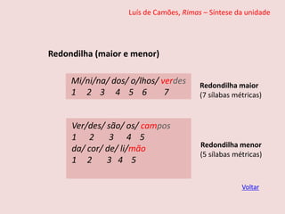 Luís de Camões, Rimas – Síntese da unidade
Redondilha (maior e menor)
Mi/ni/na/ dos/ o/lhos/ verdes
1 2 3 4 5 6 7
Redondilha maior
(7 sílabas métricas)
Ver/des/ são/ os/ campos
1 2 3 4 5
da/ cor/ de/ li/mão
1 2 3 4 5
Redondilha menor
(5 sílabas métricas)
Voltar
 