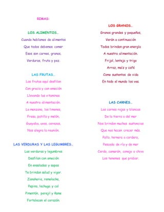 RIMAS:
LOS ALIMENTOS…
Cuando hablamos de alimentos
Que todos debemos comer
Esos son carnes, granos,
Verduras, fruta y pez.
LAS FRUTAS…
Las frutas aquí desfilan
Con gracia y con emoción
Llevando las vitaminas
A nuestra alimentación.
La manzana, los limones,
Fresa, patilla y melón,
Guayaba, uvas, cerezas,
Nos alegra la reunión.
LAS VERDURAS Y LAS LEGUMBRES…
Las verduras y legumbres
Desfilan con emoción
En ensaladas y sopas
Te brindan salud y vigor.
Zanahoria, remolacha,
Pepino, lechuga y col
Pimentón, perejil y ñame
Fortalecen el corazón.
LOS GRANOS…
Granos grandes y pequeños,
Verán a continuación
Todos brindan gran energía
A nuestra alimentación.
Frijol, lenteja y trigo
Arroz, maíz y café
Como sustentos de vida
En todo el mundo los ves.
LAS CARNES…
Las carnes rojas y blancas
De la tierra o del mar
Nos brindan muchas sustancias
Que nos hacen crecer más.
Pollo, ternera o cordero,
Pescado de río y de mar
Cerdo, camarón, conejo o chivo
Los tenemos que probar.
 