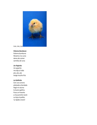 cua, cua, cua
Paloma Bumbuna
Paloma bumbuna
llévame a tu cuna
dame de comer
semillas de tuna
Un Pajarito
Un pajarito
me dijo al oído
pío, pío, pío
tengo mucho frío
La Gallinita
Con una corona
plateada y bordada
llegó mi vecina
la buena gallina.
Puso un huevito
y muy pronto nació
su hijo el pollito
!y rápido creció!

 