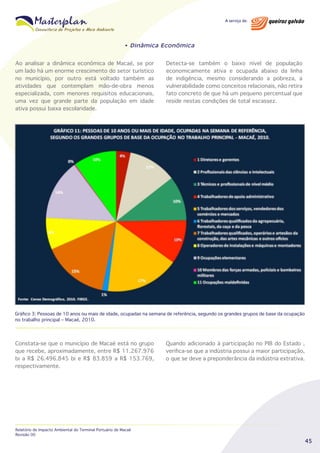 • Dinâmica Econômica

Ao analisar a dinâmica econômica de Macaé, se por
um lado há um enorme crescimento do setor turístico
no município, por outro está voltado também as
atividades que contemplam mão-de-obra menos
especializada, com menores requisitos educacionais,
uma vez que grande parte da população em idade
ativa possui baixa escolaridade.

Detecta-se também o baixo nível de população
economicamente ativa e ocupada abaixo da linha
de indigência, mesmo considerando a pobreza, a
vulnerabilidade como conceitos relacionais, não retira
fato concreto de que há um pequeno percentual que
reside nestas condições de total escassez.

Gráfico 3: Pessoas de 10 anos ou mais de idade, ocupadas na semana de referência, segundo os grandes grupos de base da ocupação
no trabalho principal – Macaé, 2010.

Constata-se que o município de Macaé está no grupo
que recebe, aproximadamente, entre R$ 11.267.976
bi a R$ 26.496.845 bi e R$ 83.859 a R$ 153.769,
respectivamente.

Relatório de Impacto Ambiental do Terminal Portuário de Macaé
Revisão 00

Quando adicionado à participação no PIB do Estado ,
verifica-se que a indústria possui a maior participação,
o que se deve a preponderância da indústria extrativa.

45

 