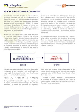 IDENTIFICAÇÃO DOS IMPACTOS AMBIENTAIS
A legislação ambiental disciplina a preservação da
qualidade ambiental. Um de seus instrumentos, o
Decreto nº 88.351/83, posteriormente revogado pelo
decreto nº 99.274/90, que regulamentou a Política
Nacional de Meio Ambiente (Lei nº 6.938/81), vincula
a utilização da avaliação de impacto ambiental aos
sistemas de licenciamento dos órgãos estaduais de
controle ambiental para as atividades poluidoras ou
mitigadoras do meio ambiente.
A partir das informações sobre como serão realizadas
as fases de implantação e operação do Terminal
Portuário de Macaé e do diagnóstico ambiental da
região, é possível identificar os principais impactos que
poderão ocorrer e mostrar que seus efeitos negativos
podem ser eliminados ou reduzidos através de ações
de controle ambiental e medidas de segurança.
Também foram avaliados os benefícios que poderão
existir e como reforçá-los.

Os impactos ambientais são definidos por Resolução
do CONAMA nº 01/86 como “qualquer alteração das
propriedades físicas, químicas e biológicas no meio
ambiente, causada por qualquer forma de matéria
ou energia resultante das atividades humanas que,
direta ou indiretamente, afetam a saúde, a segurança
e o bem estar da população; às atividades sociais
e econômicas; a biota; as condições estéticas e
sanitárias do meio ambiente; a qualidade dos recursos
ambientais”.
A Avaliação de Impactos Ambientais (AIA) assegura
uma análise sistemática dos impactos ambientais.
Tem por objetivo garantir que responsáveis pela
tomada de decisão apresentem soluções adequadas
à população e ao meio ambiente, gerando medidas de
controle e poluição.

ATIVIDADE
TRANSFORMADORA

IMPACTO
AMBIENTAL

causa

efeito

Os impactos previstos estão diretamente relacionados
à atividade a ser realizada e ao local/região de
implantação do empreendimento, e são classificados,
quanto à sua Significância, ou seja:

Além disso, os impactos estão relacionados ao seu
compartimento ambiental, ou seja, são identificados
impactos sobre o Meio Físico, Meio Biótico e Meio
Socioeconômico.

• Baixo (B),

O quadro, a seguir, apresenta, resumidamente,
a avaliação de impacto ambiental das obras de
implantação e futura operação do empreendimento
Terminal Portuário de Macaé.

• Médio (M)

e

• Alto (A)

Os impactos são identificados segundo a experiência
da equipe responsável pela elaboração dos estudos
ambientais, e podem ser positivos ou negativos.

Relatório de Impacto Ambiental do Terminal Portuário de Macaé
Revisão 00

51

 