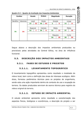 RELATÓRIO DE IMPACTO AMBIENTAL - RIMA
CENTRAL EÓLICA TRAIRI LTDA. | ANÁLISE DOS IMPACTOS
5.3
Quadro 5.3 – Quadro de Avaliação dos Impactos Ambientais
Caráter Escala Ordem Magnitude Duração
Benéfico Adversos Local Direto Grande Longa
79 54
37 53 40 54 2 0 14 8
Regional Indireto Média Média
42 1 39 0 21 15 37 10
Pequena Curta
56 39 28 36
Segue abaixo a descrição dos impactos ambientais produzidos ou
previsíveis pelas atividades da Central Eólica, na área de influência
funcional.
5.3. DESCRIÇÃO DOS IMPACTOS AMBIENTAIS
5.3.1. FASES DE ESTUDOS E PROJETOS
5.3.1.1. LEVANTAMENTO TOPOGRÁFICO
O levantamento topográfico apresentou como resultado o modelado do
relevo local, bem como a definição das áreas de interesse ecológico. Além
disso, forneceu parâmetros técnicos para os projetos de engenharia,
sendo esta uma ação importante dentro do contexto de uso e ocupação do
terreno. Os dados produzidos serviram de acervo técnico para registro do
relevo original do terreno.
5.3.1.2. ESTUDO DE IMPACTO AMBIENTAL
O estudo ambiental apresenta como resultado a caracterização dos
aspectos físicos, biológicos e econômicos, a descrição do projeto a ser
 