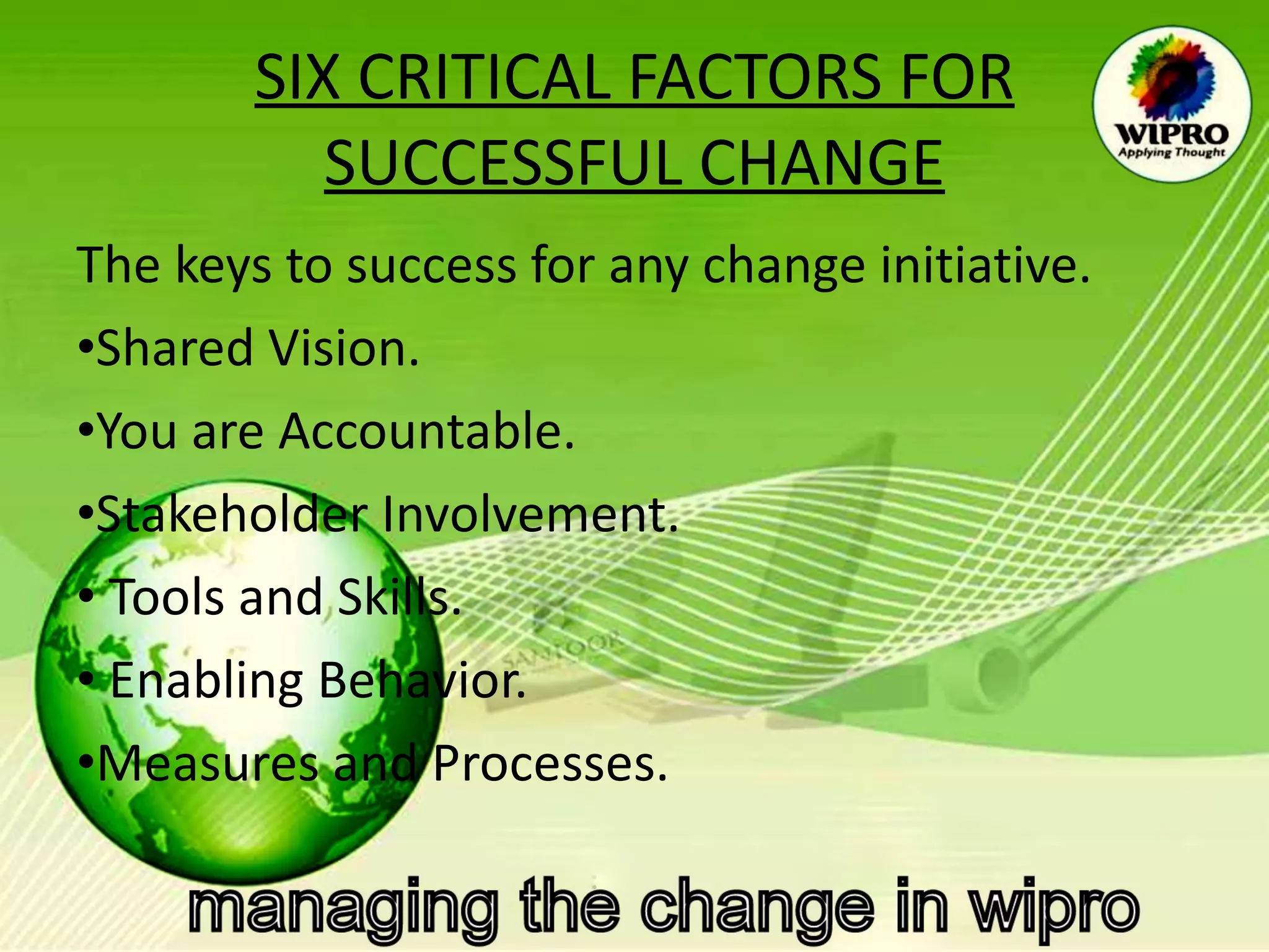 SIX CRITICAL FACTORS FOR SUCCESSFUL CHANGE The keys to success for any change initiative. Shared Vision. You are Accountable. Stakeholder Involvement. Tools and Skills. Enabling Behavior. Measures and Processes. 