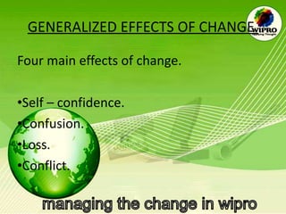 GENERALIZED EFFECTS OF CHANGE. Four main effects of change. Self – confidence. Confusion. Loss. Conflict. 