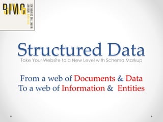 Structured DataTake Your Website to a New Level with Schema Markup
From a web of Documents & Data
To a web of Information & Entities
 