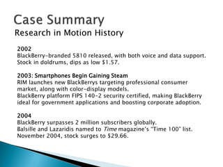 Research in Motion History
2002
BlackBerry-branded 5810 released, with both voice and data support.
Stock in doldrums, dips as low $1.57.
2003: Smartphones Begin Gaining Steam
RIM launches new BlackBerrys targeting professional consumer
market, along with color-display models.
BlackBerry platform FIPS 140-2 security certified, making BlackBerry
ideal for government applications and boosting corporate adoption.
2004
BlackBerry surpasses 2 million subscribers globally.
Balsille and Lazaridis named to Time magazine’s “Time 100” list.
November 2004, stock surges to $29.66.
 