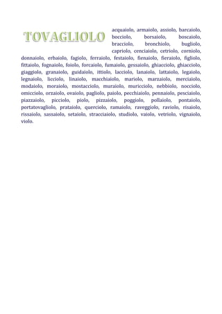 acquaiolo, armaiolo, assiolo, barcaiolo,
bocciolo,
borsaiolo,
boscaiolo,
bracciolo,
bronchiolo,
bugliolo,
capriolo, cenciaiolo, cetriolo, corniolo,
donnaiolo, erbaiolo, fagiolo, ferraiolo, festaiolo, fienaiolo, fieraiolo, figliolo,
fittaiolo, fognaiolo, foiolo, forcaiolo, fumaiolo, gessaiolo, ghiacciolo, ghiacciolo,
giaggiolo, granaiolo, guidaiolo, ittiolo, lacciolo, lanaiolo, lattaiolo, legaiolo,
legnaiolo, licciolo, linaiolo, macchiaiolo, mariolo, marzaiolo, merciaiolo,
modaiolo, moraiolo, mostacciolo, muraiolo, muricciolo, nebbiolo, nocciolo,
omicciolo, orzaiolo, ovaiolo, pagliolo, paiolo, pecchiaiolo, pennaiolo, pesciaiolo,
piazzaiolo, picciolo, piolo, pizzaiolo, poggiolo, pollaiolo, pontaiolo,
portatovagliolo, prataiolo, querciolo, ramaiolo, raveggiolo, raviolo, risaiolo,
rissaiolo, sassaiolo, setaiolo, stracciaiolo, studiolo, vaiolo, vetriolo, vignaiolo,
violo.

 