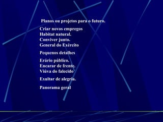 Planos ou projetos para o futuro. Criar novos empregos Habitat natural. Conviver junto. General do Exército Pequenos detalhes Erário público. Encarar de frente. Viúva do falecido Exultar de alegria. Panorama geral   