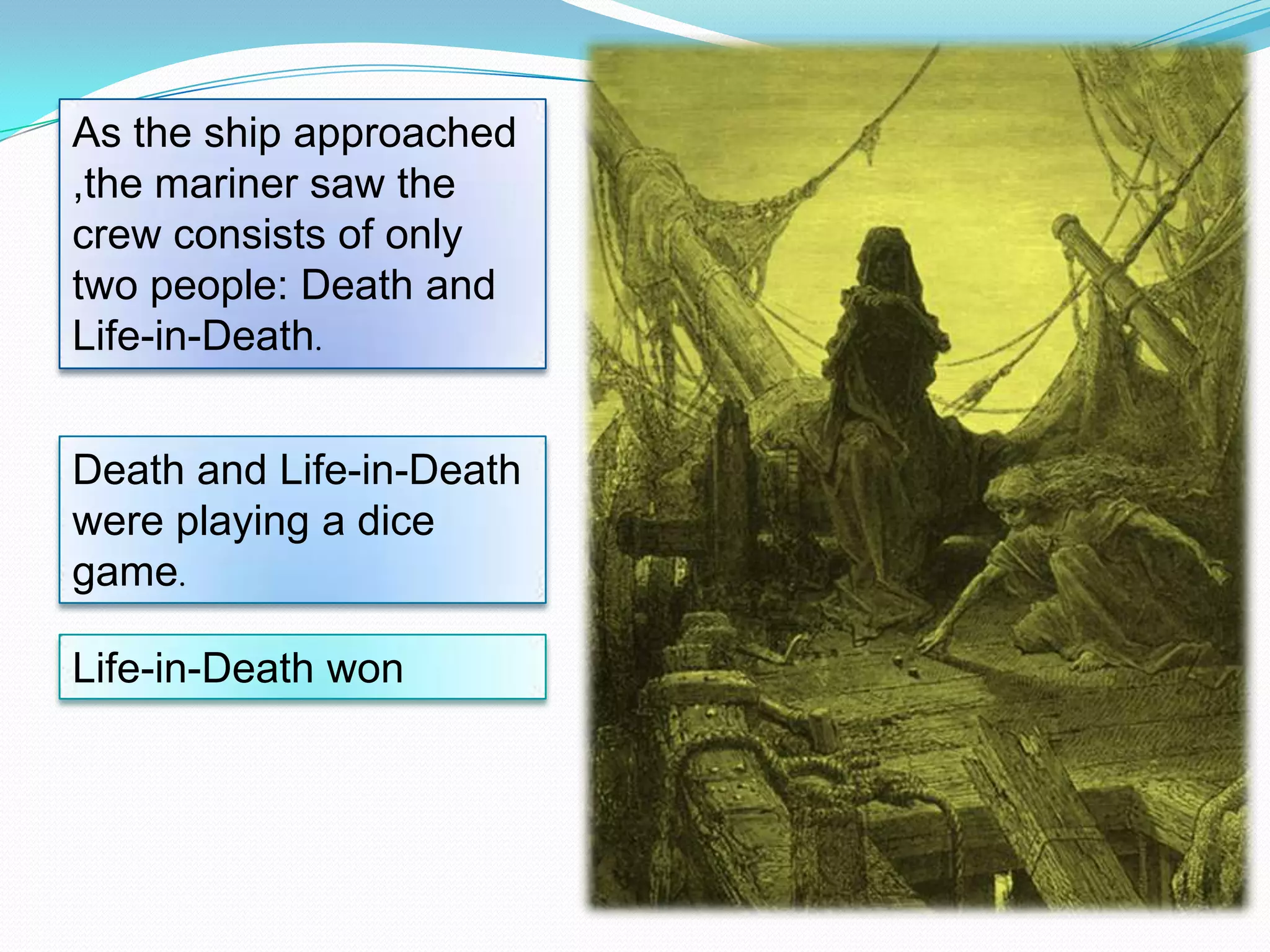 As the ship approached
,the mariner saw the
crew consists of only
two people: Death and
Life-in-Death.
Death and Life-in-Death
were playing a dice
game.
Life-in-Death won

 