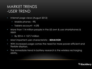MARKET TRENDS
-USER TREND
•

Internet page views (August 2012)
• Mobile phones - 9%
• Tablets account - 4.3%

•

More than 114 million people in the US own & use smartphones &
apps

• By 2014 -> 157.7 million
•

Most important user characteristic - BEHAVIOR

•

With increased usage comes the need for more power-efficient and
flexible displays.

•

The immediate trend in battery research is the wireless recharging
ability.

 