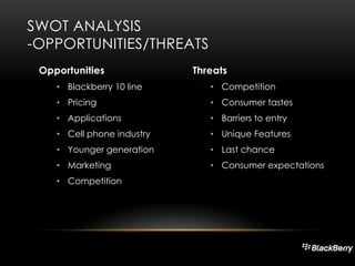 SWOT ANALYSIS
-OPPORTUNITIES/THREATS
Opportunities

Threats

• Blackberry 10 line

• Competition

• Pricing

• Consumer tastes

• Applications

• Barriers to entry

• Cell phone industry

• Unique Features

• Younger generation

• Last chance

• Marketing

• Consumer expectations

• Competition

 