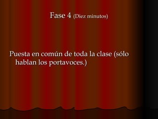 Fase 4  (Diez minutos) Puesta en común de toda la clase (sólo hablan los portavoces.)  