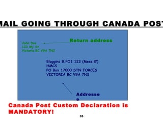 35
John Doe
123 My St
Victoria BC V9A 7N2
Bloggins B.PO1 123 (Mess #)
HMCS
PO Box 17000 STN FORCES
VICTORIA BC V9A 7N2
MAIL GOING THROUGH CANADA POST
Return address
Addresse
e
Canada Post Custom Declaration is
MANDATORY!
 